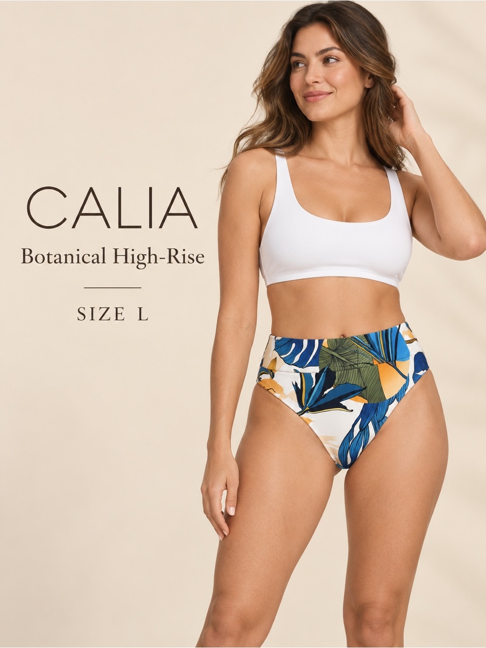 CALIA Botanical Print Wide Banded High-Rise Bikini Bottom Size L NWT